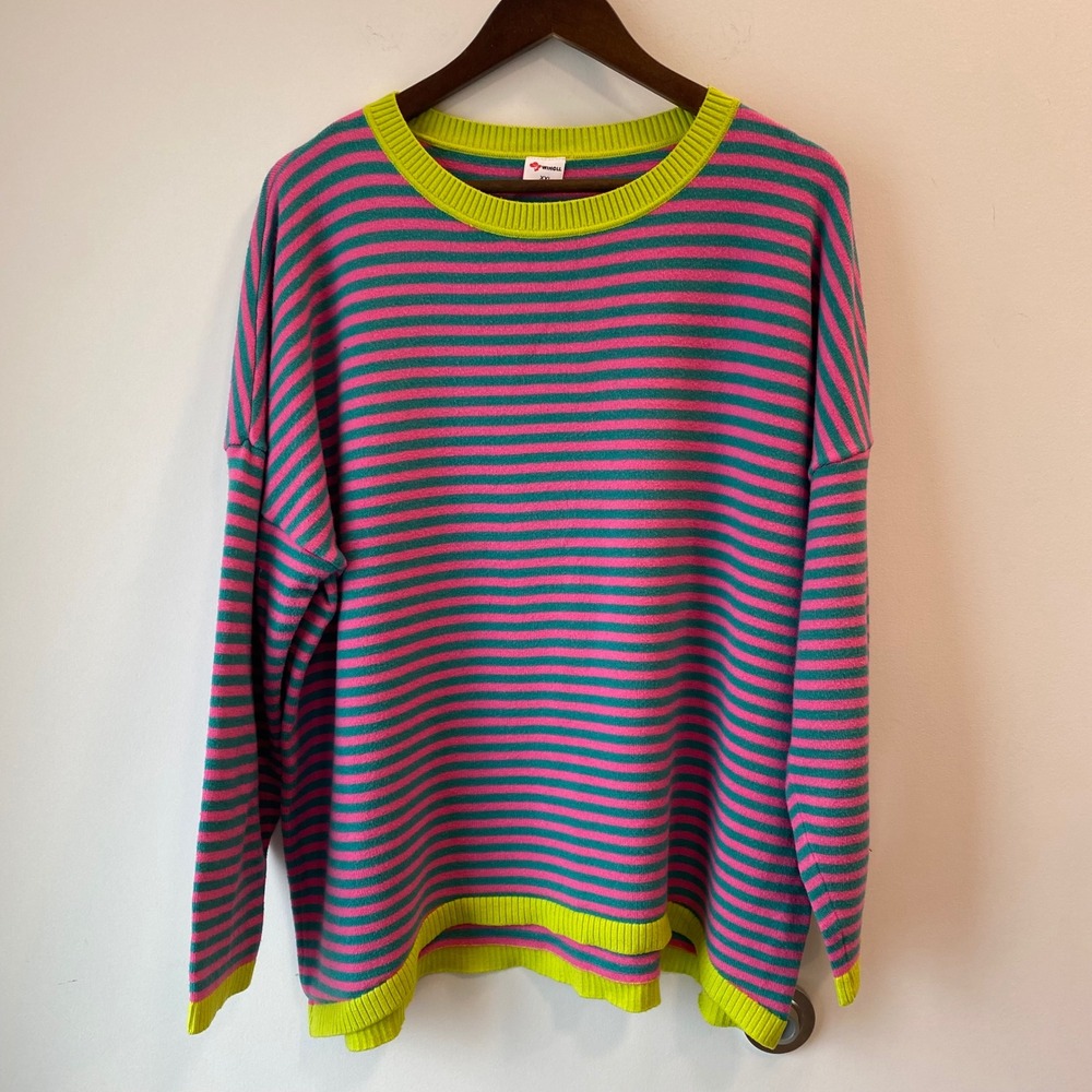 WIHOLL Sweater Womens XXL Pink Teal Striped Crewneck Oversized Drop Shoulder